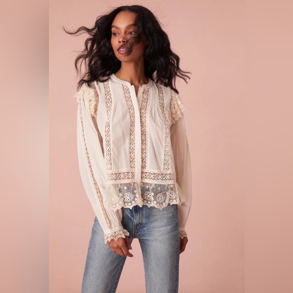NWT LoveShackFancy Kava Lace Ruffle Long Sleeve Blouse